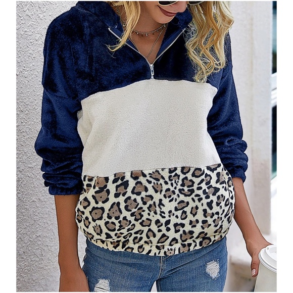 BellanBlue Sweaters - Leopard Print Zipper Teddy Hooded Sweater Top